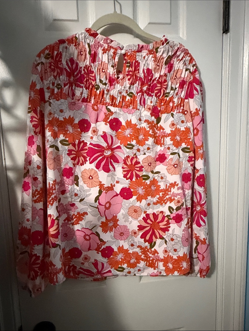 Floral Smocked Neck Blouse in Pink & Orange - Picture 2 of 3